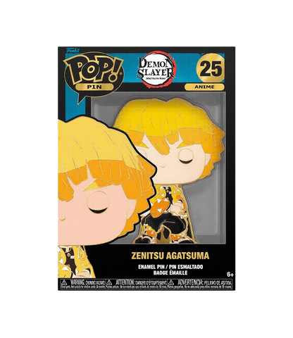 Confezione nera da collezione della spilla smaltata Funko POP! Pin numero 25 raffigurante Zenitsu Agatsuma da Demon Slayer: Kimetsu no Yaiba. La spilla visibile attraverso la confezione mostra Zenitsu in stile POP! con gli occhi chiusi in concentrazione, capelli biondi con sfumature arancioni e il suo caratteristico haori giallo e arancione a triangoli bianchi, sormontata dal logo Demon Slayer e dal numero 25 su fondo dorato a destra.