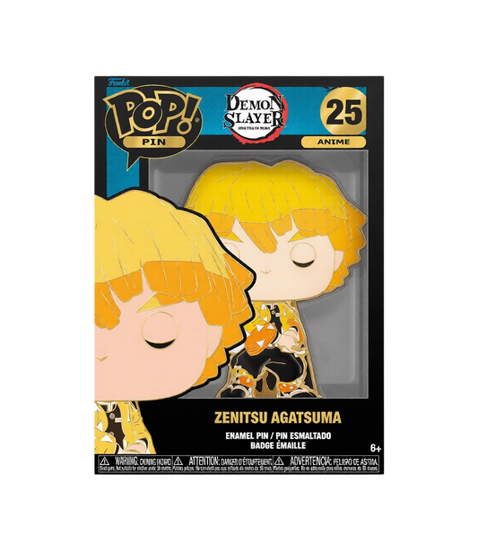 Confezione nera da collezione della spilla smaltata Funko POP! Pin numero 25 raffigurante Zenitsu Agatsuma da Demon Slayer: Kimetsu no Yaiba. La spilla visibile attraverso la confezione mostra Zenitsu in stile POP! con gli occhi chiusi in concentrazione, capelli biondi con sfumature arancioni e il suo caratteristico haori giallo e arancione a triangoli bianchi, sormontata dal logo Demon Slayer e dal numero 25 su fondo dorato a destra.