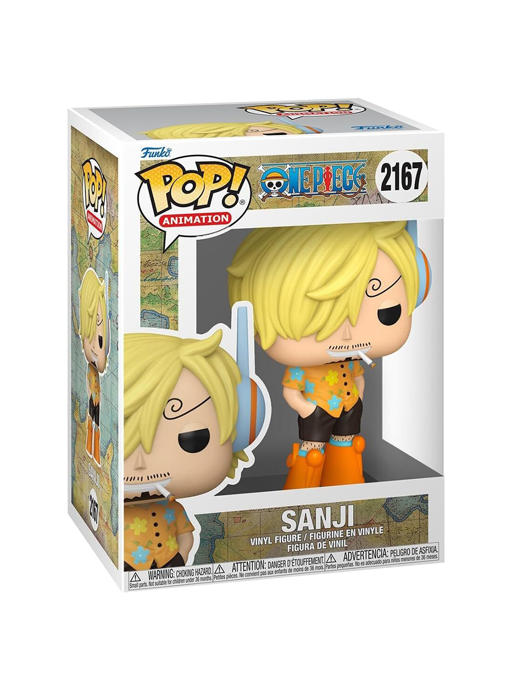 Figure Funko POP! di Sanji da One Piece; il personaggio ha capelli biondi con il ciuffo sull'occhio, fuma una sigaretta e indossa una camicia gialla a fiori, pantaloncini neri e grossi stivali arancioni futuristici.
