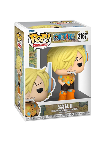 Figure Funko POP! di Sanji da One Piece; il personaggio ha capelli biondi con il ciuffo sull'occhio, fuma una sigaretta e indossa una camicia gialla a fiori, pantaloncini neri e grossi stivali arancioni futuristici.