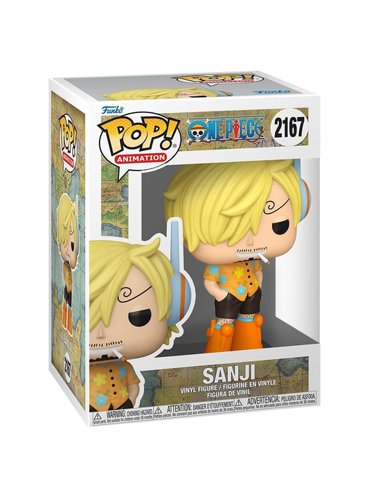 Figure Funko POP! di Sanji da One Piece; il personaggio ha capelli biondi con il ciuffo sull'occhio, fuma una sigaretta e indossa una camicia gialla a fiori, pantaloncini neri e grossi stivali arancioni futuristici.