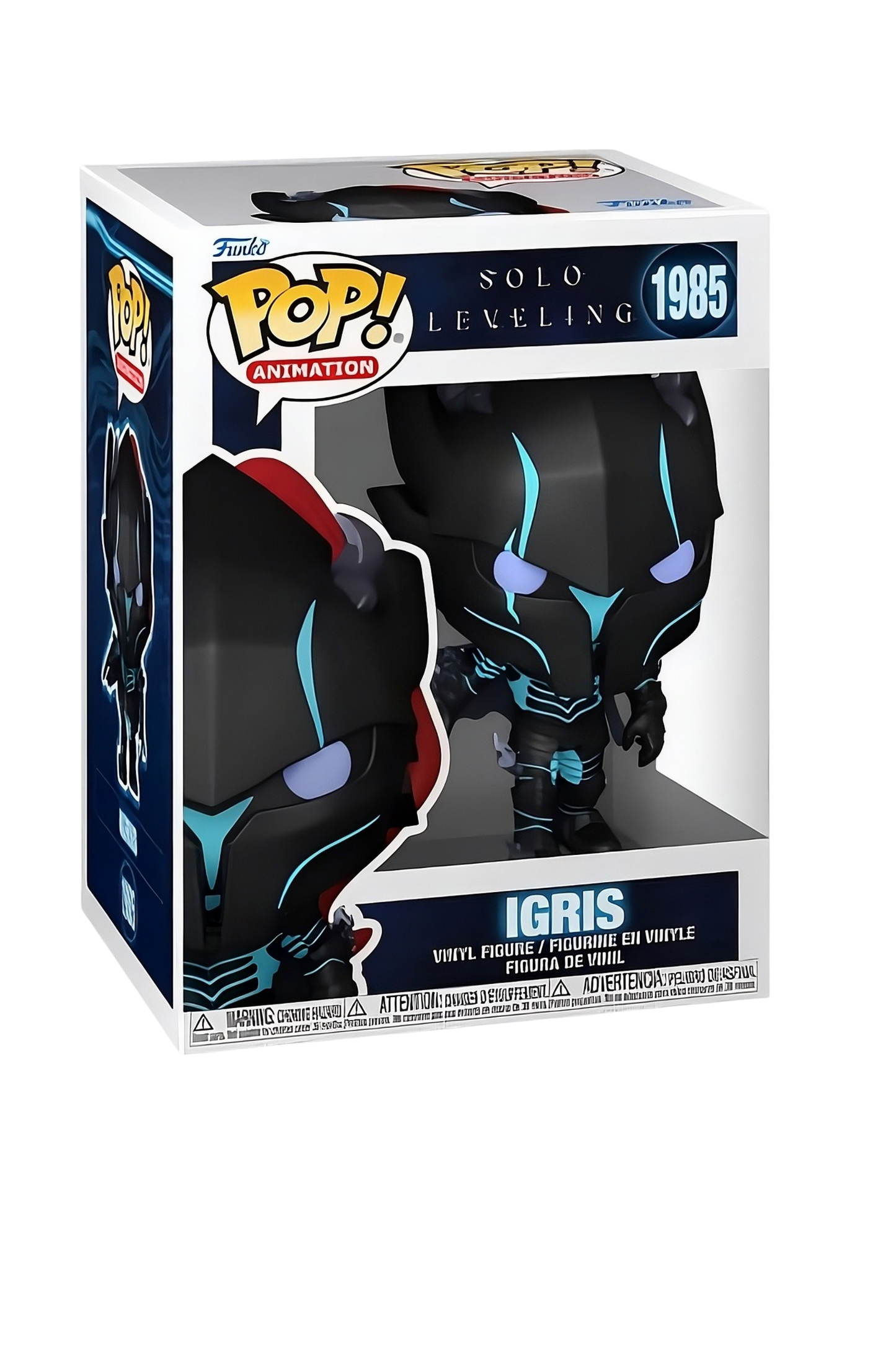 Confezione da collezione del Funko Pop! numero 1985 di Igris dalla serie anime Solo Leveling, che mostra la figure in vinile del personaggio con la sua armatura nera e dettagli luminescenti azzurri attraverso la finestra trasparente.