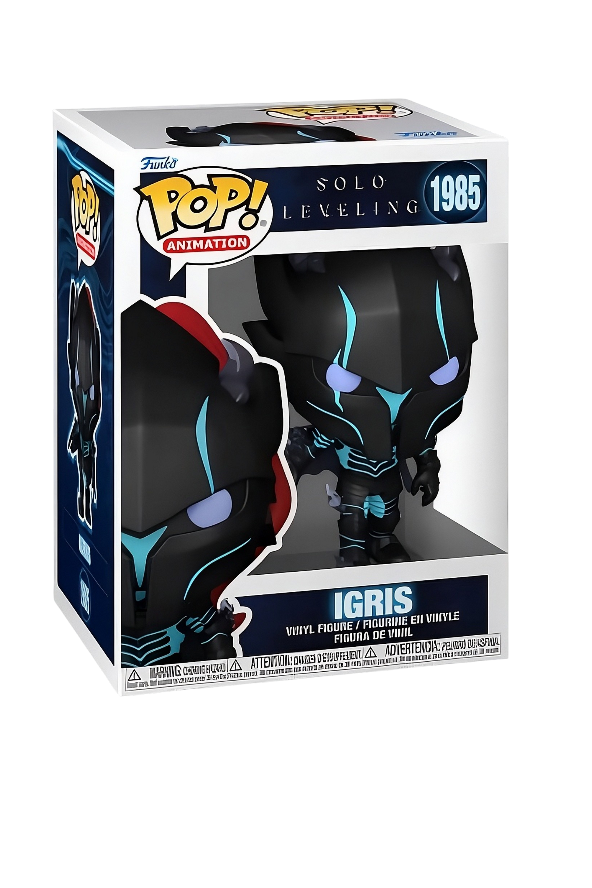 Confezione da collezione del Funko Pop! numero 1985 di Igris dalla serie anime Solo Leveling, che mostra la figure in vinile del personaggio con la sua armatura nera e dettagli luminescenti azzurri attraverso la finestra trasparente.