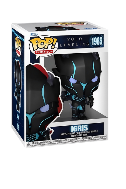 Confezione da collezione del Funko Pop! numero 1985 di Igris dalla serie anime Solo Leveling, che mostra la figure in vinile del personaggio con la sua armatura nera e dettagli luminescenti azzurri attraverso la finestra trasparente.