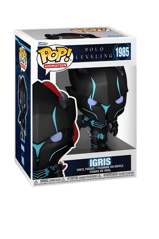 Confezione da collezione del Funko Pop! numero 1985 di Igris dalla serie anime Solo Leveling, che mostra la figure in vinile del personaggio con la sua armatura nera e dettagli luminescenti azzurri attraverso la finestra trasparente.