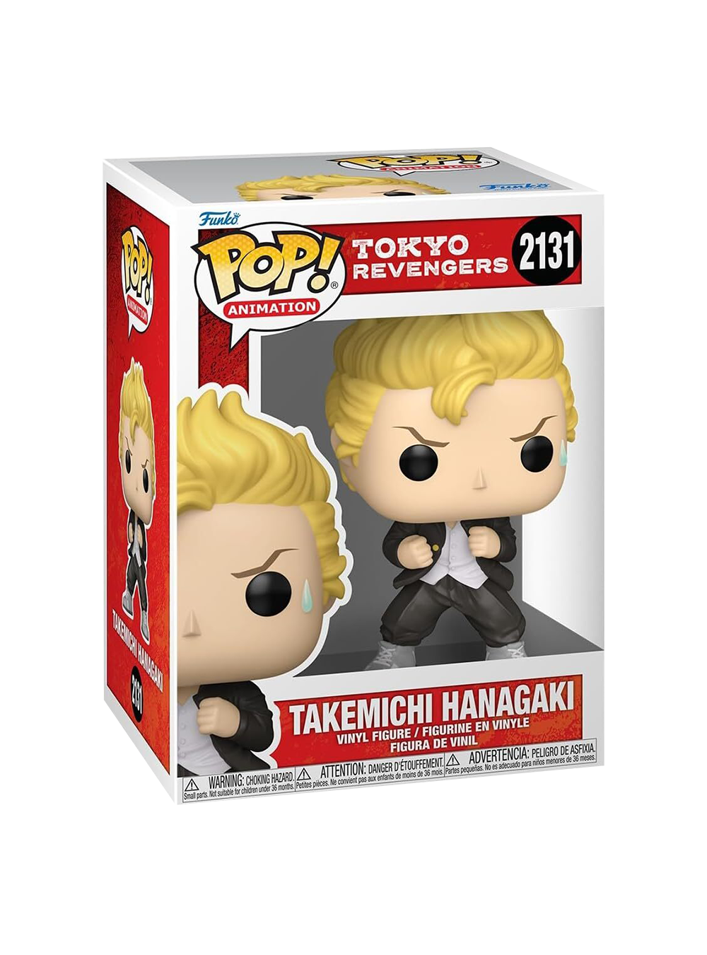 Funko Pop numero 2131 raffigurante Takemichi Hanagaki di Tokyo Revengers; la figure ha capelli biondi, indossa una divisa nera con giacca aperta e ha i pugni alzati in posa di lotta, con una goccia di sudore sul viso.