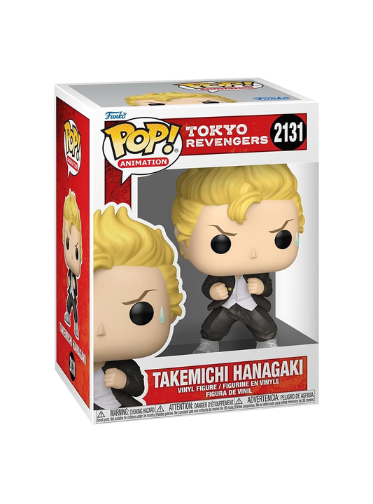 Funko Pop numero 2131 raffigurante Takemichi Hanagaki di Tokyo Revengers; la figure ha capelli biondi, indossa una divisa nera con giacca aperta e ha i pugni alzati in posa di lotta, con una goccia di sudore sul viso.