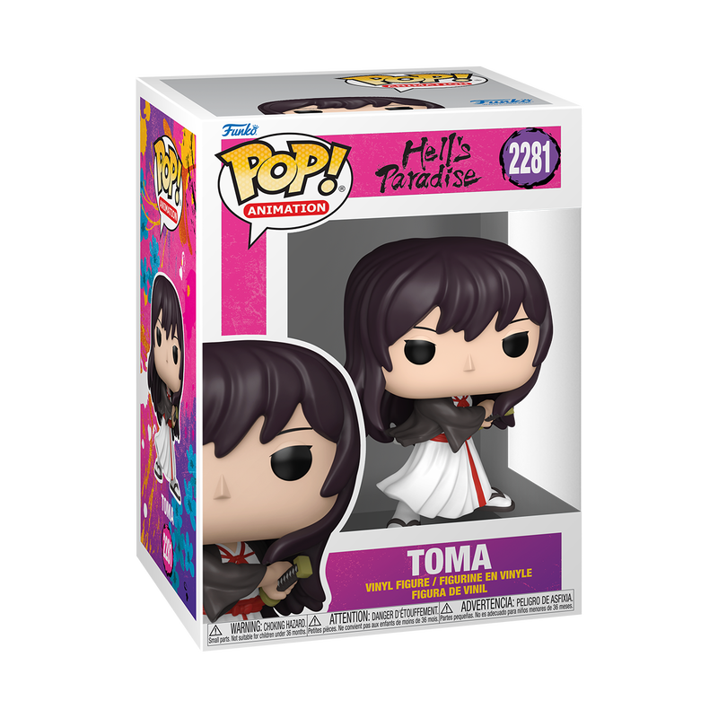 Scatola da collezione del Funko Pop! di Toma, numero 2281 della linea Animation, tratto dall'anime Hell's Paradise. All'interno si vede la figure in vinile con i capelli scuri e la divisa bianca e nera da Yamada Asaemon.