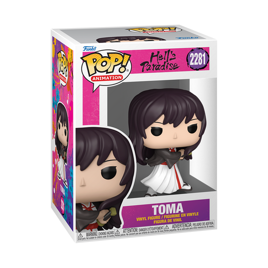Scatola da collezione del Funko Pop! di Toma, numero 2281 della linea Animation, tratto dall'anime Hell's Paradise. All'interno si vede la figure in vinile con i capelli scuri e la divisa bianca e nera da Yamada Asaemon.