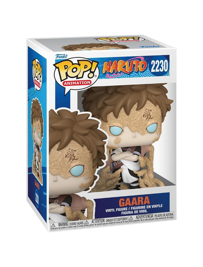 Confezione originale del Funko POP! Animation numero 2230 di Gaara dalla serie anime Naruto. La statuetta in vinile all'interno e illustrata sulla scatola mostra il personaggio con le braccia conserte, il simbolo dell'amore sulla fronte e il viso parzialmente ricoperto da un'armatura di sabbia crepata, avvolto da vortici di sabbia alla base.