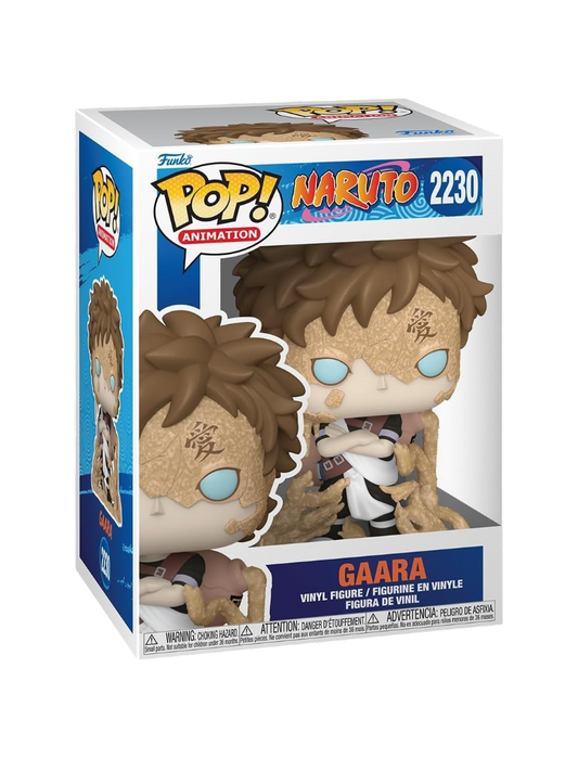 Confezione originale del Funko POP! Animation numero 2230 di Gaara dalla serie anime Naruto. La statuetta in vinile all'interno e illustrata sulla scatola mostra il personaggio con le braccia conserte, il simbolo dell'amore sulla fronte e il viso parzialmente ricoperto da un'armatura di sabbia crepata, avvolto da vortici di sabbia alla base.