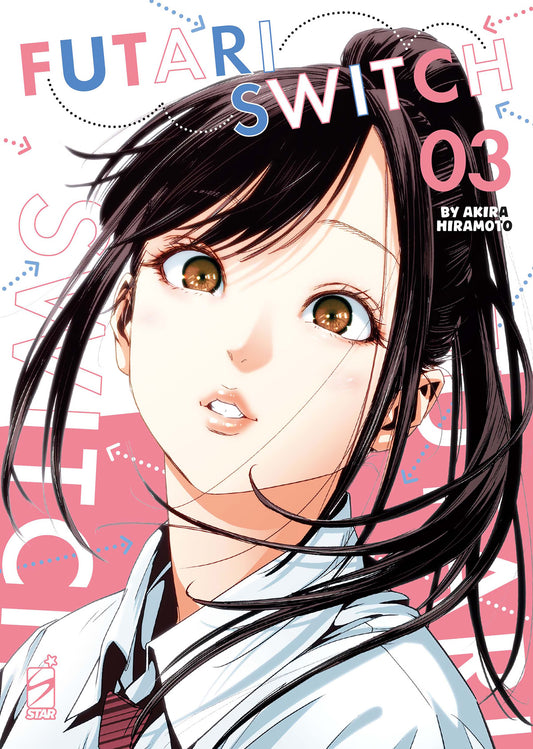 Copertina del manga Futari Switch volume 3 edito da Star Comics; l'illustrazione in primo piano mostra il volto di Ichigo con i capelli legati e un'espressione sorpresa, su uno sfondo grafico con frecce e il titolo in rosso e blu.