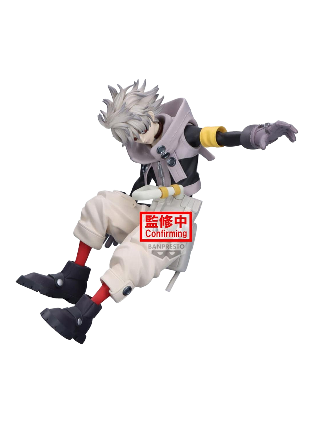 Figure da collezione di Rudo dall'anime Gachiakuta, linea Vibration Stars prodotta da Banpresto, isolata su sfondo bianco. Il personaggio è colto in una posa dinamica e sospesa a mezz'aria, sbilanciato all'indietro con il braccio sinistro proteso in avanti in un gesto di attacco. Indossa abiti in stile streetwear: una giacca chiara con ampi risvolti e grossi bottoni su una maglia nera, pantaloni panna ampi, pesanti stivali neri con calzini rossi a contrasto e una voluminosa cintura bianca.