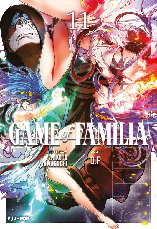 Copertina del manga Game of Familia volume 11. Un'illustrazione ricca d'azione e colori accesi mostra due ragazze in un feroce scontro magico: in basso una ragazza dai lunghi capelli blu sprigiona energia elettrica, mentre sopra di lei una ragazza dai capelli violacei contrattacca avvolta dalle fiamme. Sullo sfondo, il volto in ombra di un ragazzo incappucciato con una cicatrice sul viso.
