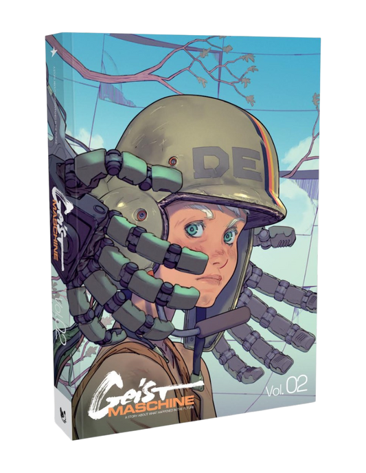 Copertina variant del fumetto Geist Maschine Vol. 2. Un personaggio con occhi azzurri indossa un elmo di foggia militare con la scritta "DE", a cui è collegata una complessa e futuristica struttura meccanica dotata di braccia robotiche articolate. Sullo sfondo si intravede un cielo azzurro attraversato da rami spogli e sottili linee geometriche.