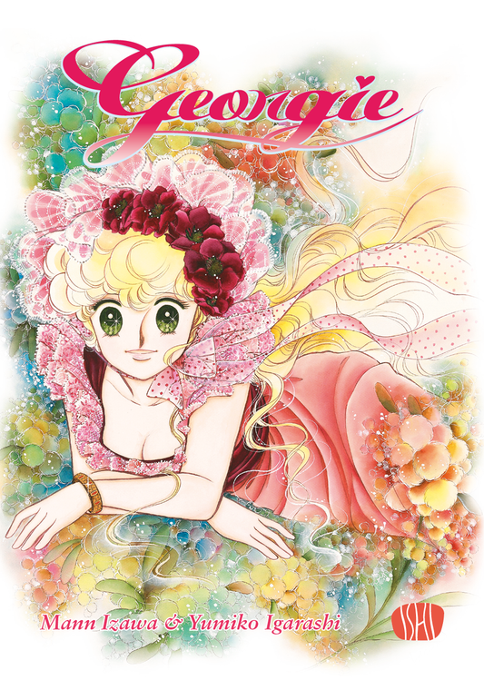 Copertina del manga Georgie. Un'illustrazione classica e raffinata di Yumiko Igarashi che ritrae Georgie, una ragazza dai lunghi capelli biondi e grandi occhi verdi espressivi, adagiata su un prato fiorito con indosso un elegante abito rosa e un cappello di pizzo decorato con rose rosse.
