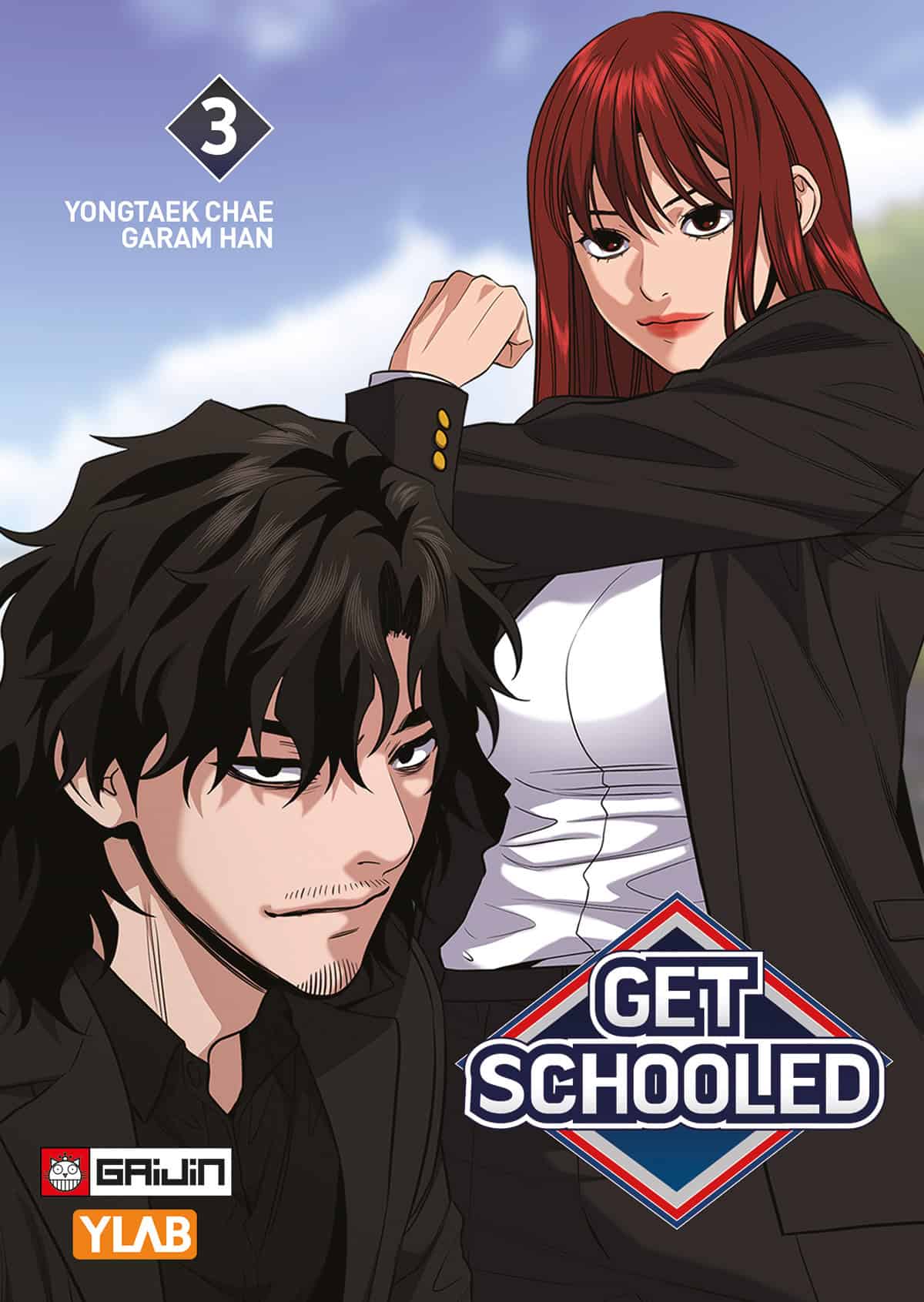 Copertina del manhwa Get Schooled Volume 3; l'illustrazione in stile webtoon mostra i protagonisti dell'agenzia per la tutela dell'educazione con espressioni severe, pronti a intervenire per ristabilire la disciplina.