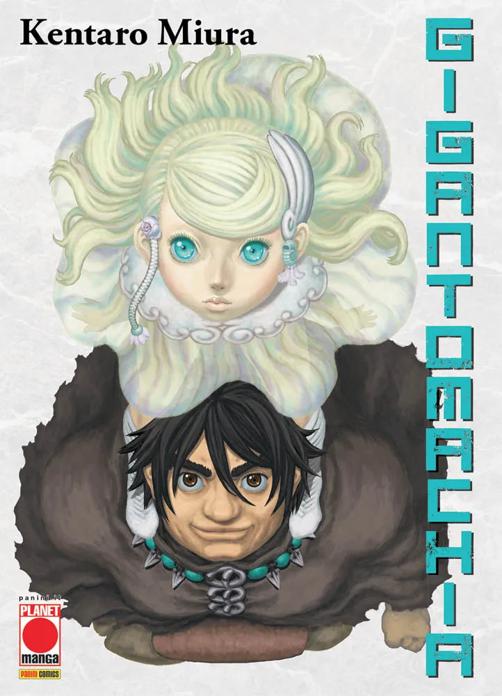 Copertina del volume unico in italiano del manga 'Gigantomachia' di Kentaro Miura, edito da Panini Planet Manga. L'illustrazione con inquadratura dall'alto mostra in primo piano i due protagonisti: il lottatore Delos, con capelli neri scompigliati, pelle ambrata e un'elaborata collana al collo, porta a cavalcioni sulle spalle la misteriosa e delicata Prome, con lunghi capelli biondo-chiaro ed espressivi occhi azzurri luminosi.
