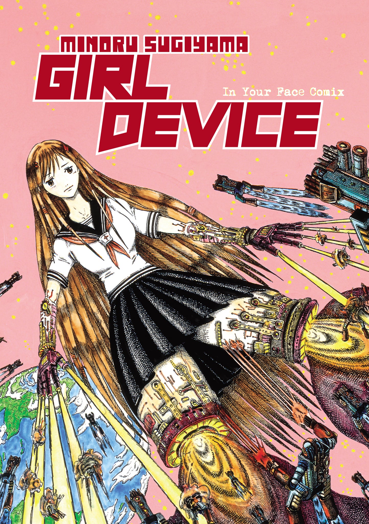 Copertina del manga Girl Device di Minoru Sugiyama. Un'illustrazione sci-fi che mostra una gigantesca ragazza cyborg in divisa scolastica fluttuare nello spazio sopra la Terra, mentre spara distruttivi raggi laser dalle sue braccia e gambe meccaniche.