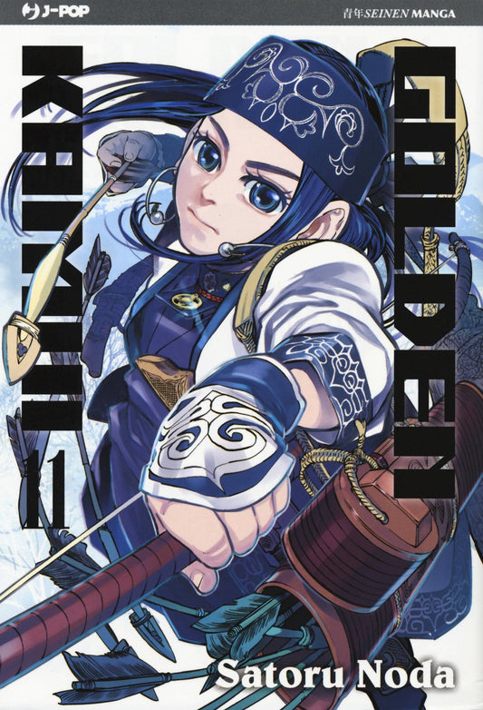 Copertina del manga Golden Kamui Vol. 11; la protagonista Asirpa, in abiti tradizionali blu, è ritratta in primo piano mentre tende l'arco con espressione determinata. Sfondo invernale chiaro.