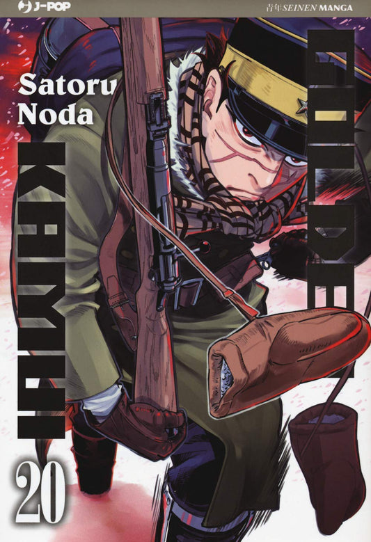 Copertina del manga Golden Kamui Vol. 20; il protagonista Saichi Sugimoto è ritratto in una posa dinamica frontale, con sguardo aggressivo e occhi rossi. Impugna un fucile e tiene una manopola invernale, su uno sfondo rosso.