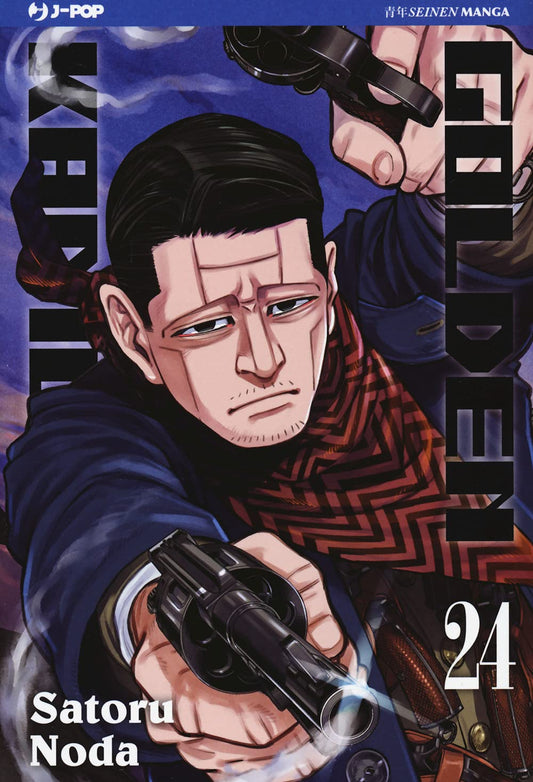 Copertina del manga Golden Kamui Vol. 24; il personaggio Botaro il Pirata, con espressione seria e sciarpa a zig-zag rossa e nera, punta due pistole revolver verso l'osservatore.
