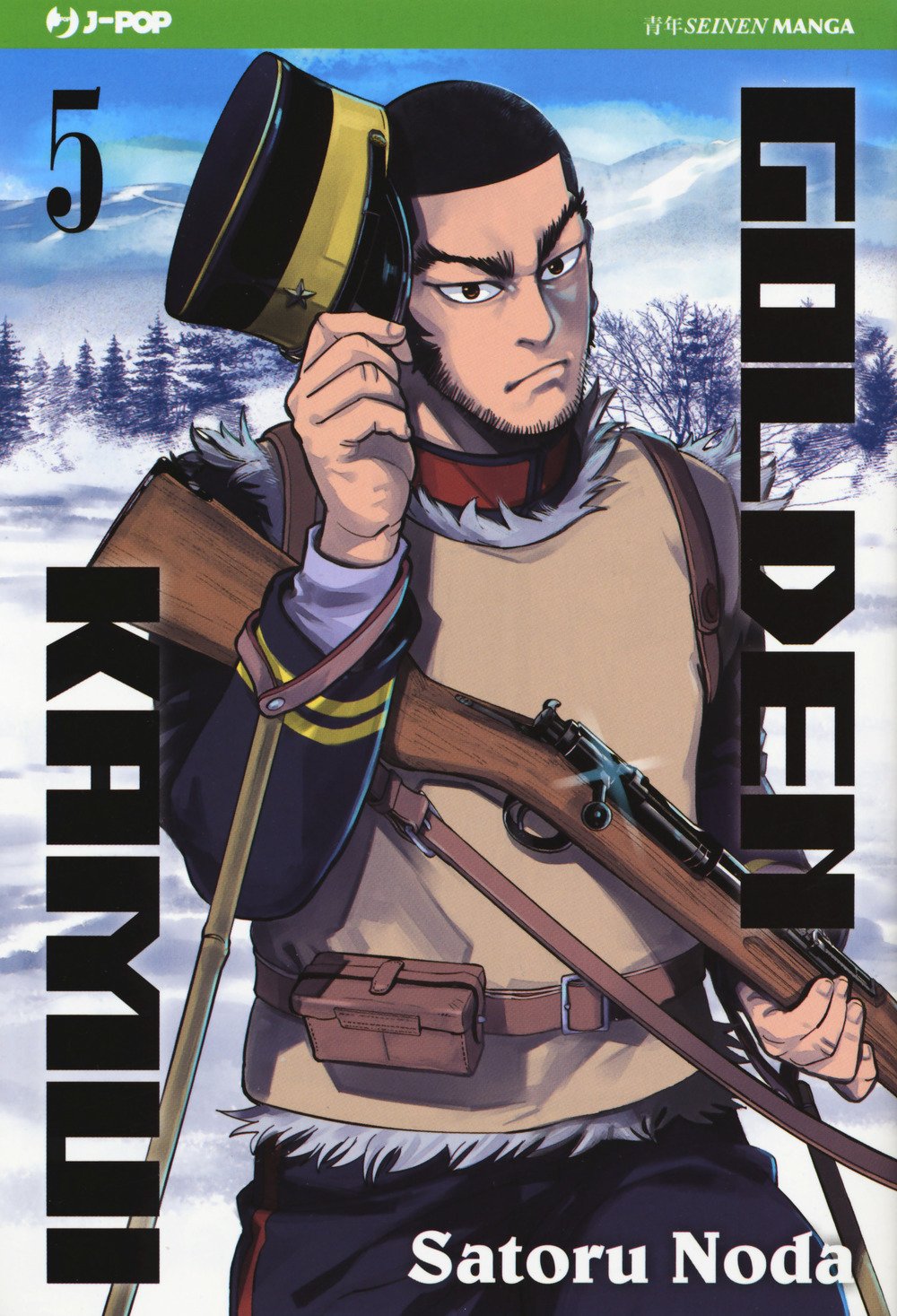 Copertina del manga Golden Kamui Vol. 5; il personaggio Tanigaki Genjiro, con barba e uniforme militare invernale, tiene un fucile e si tocca il berretto con la mano. Sfondo di montagne innevate.