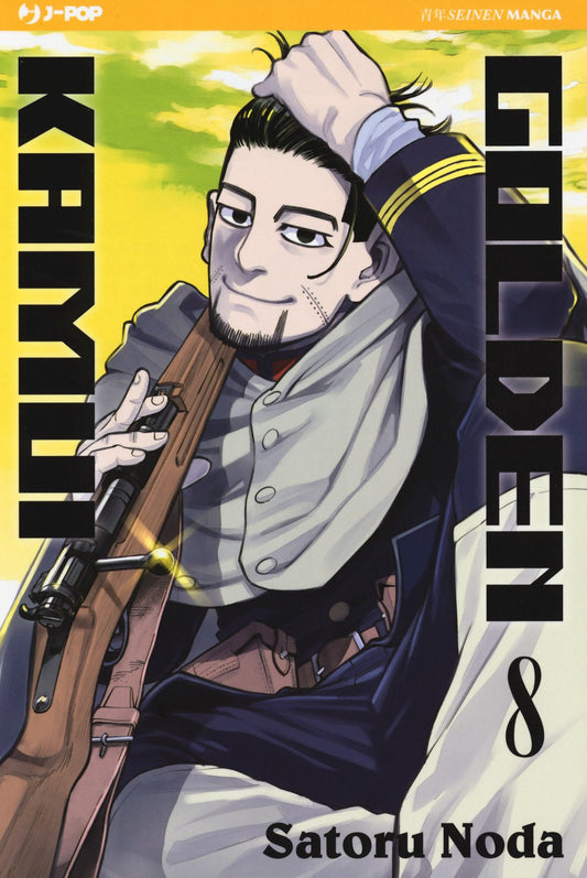 Copertina del manga Golden Kamui Vol. 8; il personaggio Hyakunosuke Ogata, con cicatrici sulla mascella e capelli neri all'indietro, sorride sornione mentre tiene un fucile e si passa una mano tra i capelli.