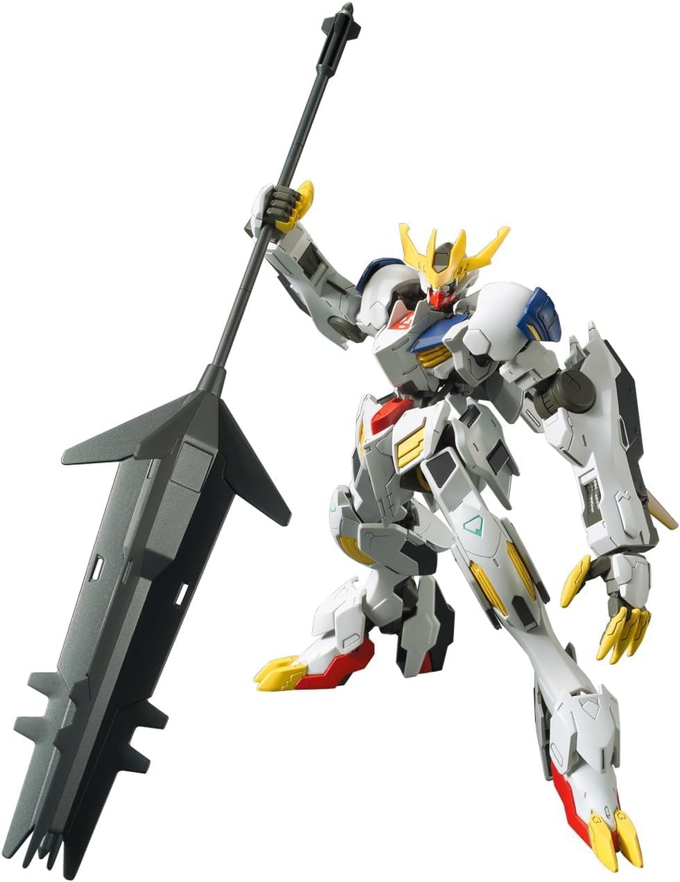 Il model kit assemblato del Gundam Barbatos Lupus Rex HG 1/144 in una posa dinamica e aggressiva, mentre brandisce la sua enorme mazza (Ultra Large Mace) e mostra gli artigli gialli.