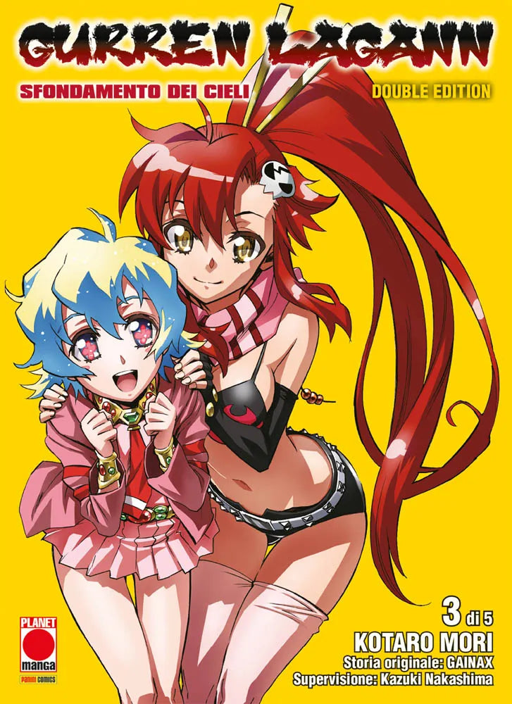 Copertina del terzo volume della Double Edition in italiano del manga 'Gurren Lagann Sfondamento dei Cieli', edito da Panini Planet Manga. L'illustrazione su sfondo giallo acceso mostra in primo piano la giovane e sorridente Nia Teppelin con capelli biondi e sfumature azzurre accanto all'affascinante Yoko Littner, che sorride tenendole teneramente una mano sulla spalla ed esibendo la sua iconica coda di cavallo rossa.
