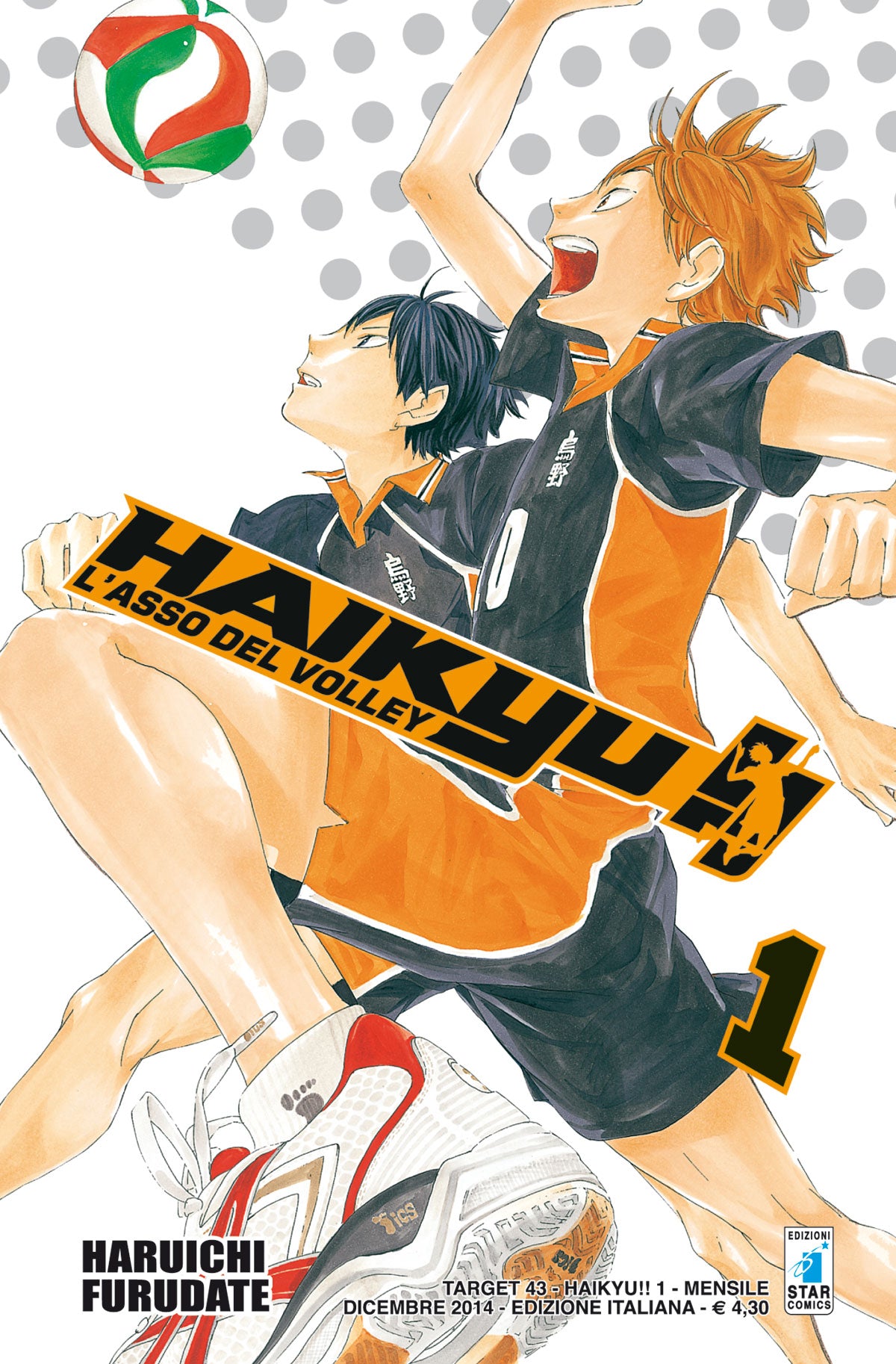 Copertina del manga Haikyu!! - L'asso del Volley Vol. 1, edito da Star Comics. L'illustrazione dinamica mostra due ragazzi in divisa da pallavolo nera e arancione durante un'azione di gioco. In primo piano spicca Shoyo Hinata, un ragazzo dai capelli arancioni con la maglia numero 10, colto in un altissimo balzo con un'espressione carica di energia, la bocca spalancata e le scarpe da ginnastica ben in vista. Dietro di lui c'è Tobio Kageyama, dai capelli scuri e maglia numero 9, che guarda verso l'alto con un