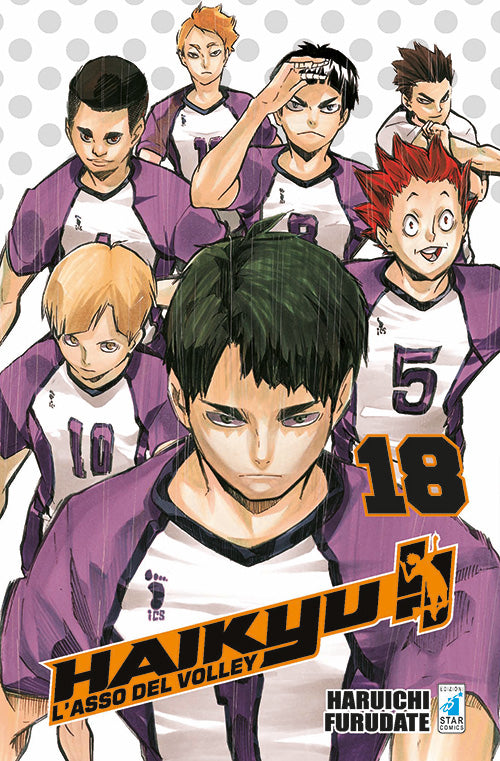 Copertina del manga Haikyu!! Vol. 18. Illustrazione di gruppo che ritrae i membri della squadra di pallavolo dello Shiratorizawa. In primo piano spicca il capitano Wakatoshi Ushijima con un'espressione concentrata, circondato dai suoi compagni (tra cui Satori Tendo e Tsutomu Goshiki), tutti con indosso la divisa sportiva bianca e viola.