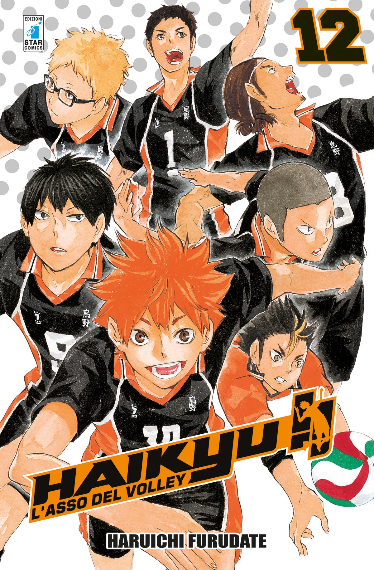 Copertina del dodicesimo volume del manga Haikyu!!, che mostra i giocatori della squadra di pallavolo del Karasuno, tra cui spiccano in primo piano Hinata con i capelli arancioni e Kageyama con i capelli neri, tutti quanti sorridenti e determinati con indosso la divisa nera e arancione.