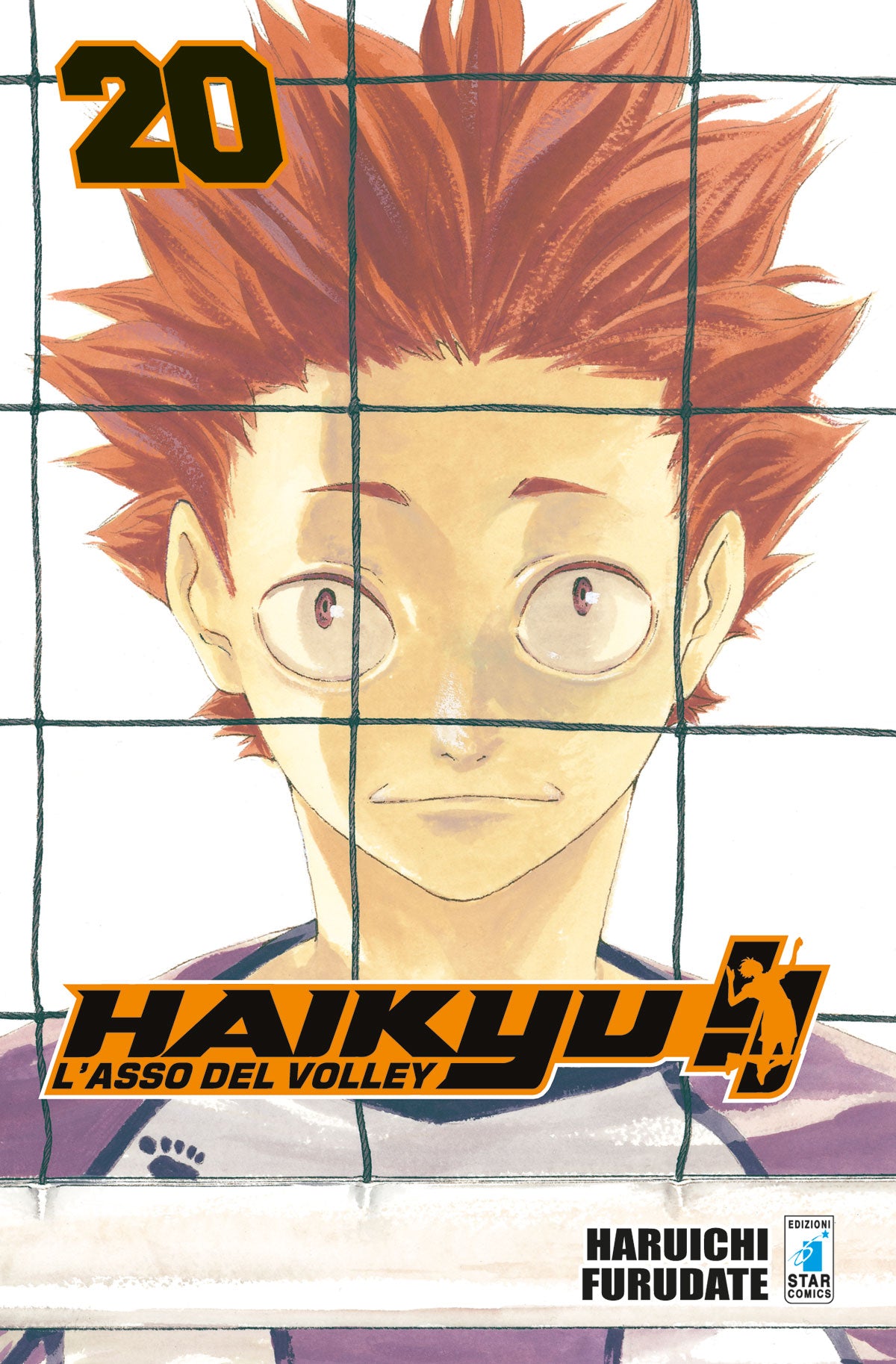 Copertina del manga Haikyu!! Vol. 20 edito da Star Comics. In un intenso primo piano dietro la rete da pallavolo, spicca il volto di Satori Tendo, il centrale del Liceo Shiratorizawa, con i suoi caratteristici capelli rossi a punta e grandi occhi spalancati che trasmettono una folle determinazione. In alto a sinistra risalta il numero 20 in arancione e nero.