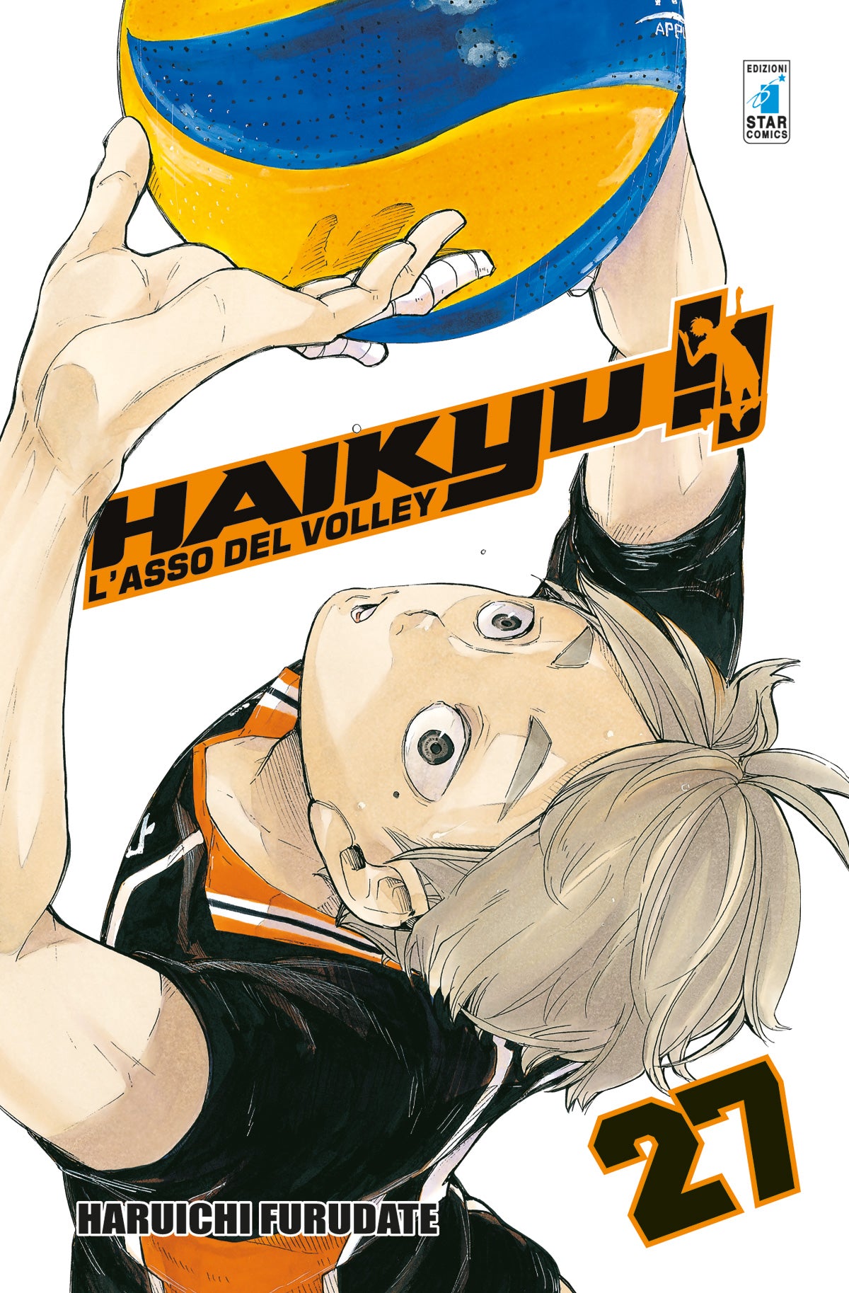 Copertina del manga Haikyu!! Vol. 27 edito da Star Comics. In un'inquadratura dal basso verso l'alto, l'alzatore Tobio Kageyama è ritratto mentre esegue un palleggio con estrema concentrazione. Le sue mani avvolgono un pallone da pallavolo giallo e blu. Indossa la divisa nera del Karasuno e il numero 27 risalta in arancione in basso a destra.