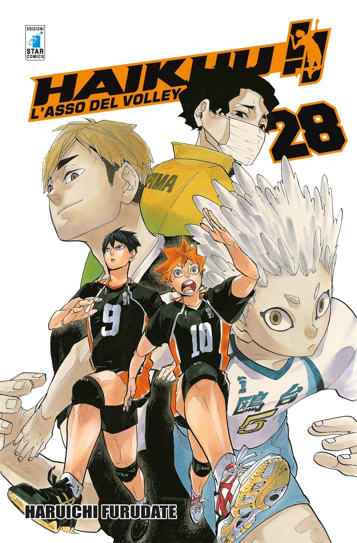 Copertina del manga Haikyu!! Vol. 28 edito da Star Comics. In primo piano, Shoyo Hinata (numero 10) e Tobio Kageyama (numero 9) sono ritratti mentre corrono con determinazione verso l'osservatore. Alle loro spalle si stagliano le figure imponenti di altri tre giocatori: l'alzatore Atsumu Miya, Korai Hoshiumi con i suoi capelli bianchi a punta, e Sakusa con la mascherina bianca sul volto. Il numero 28 risalta in arancione e nero in alto a destra.