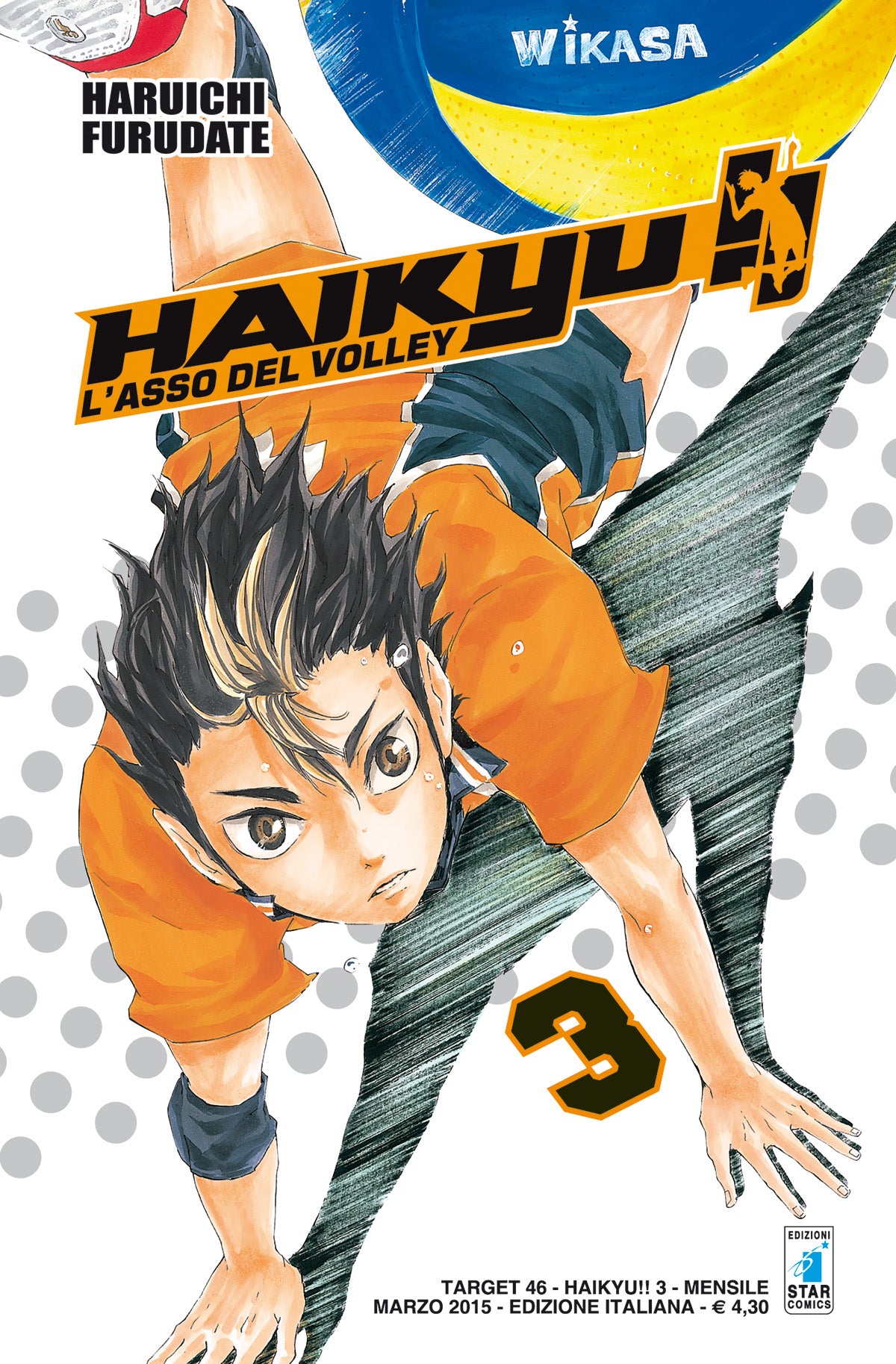Copertina del manga Haikyu!! Vol. 3 edito da Star Comics. In primo piano spicca il libero Yuu Nishinoya con la sua maglia arancione da titolare, ritratto in una posa dinamica e atletica mentre si lancia a terra per un salvataggio. In alto a destra si vede un pallone da pallavolo giallo e blu marchiato "Wikasa". Il numero 3 risalta in basso a destra.