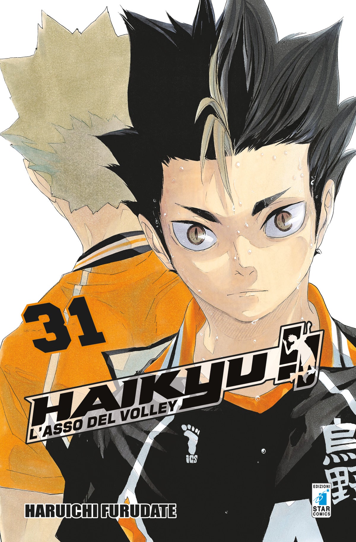 Copertina del manga Haikyu!! Vol. 31 edito da Star Comics. In primo piano spicca il libero Yu Nishinoya con uno sguardo serio, concentrato e la fronte imperlata di sudore. Indossa la divisa nera del Karasuno e i suoi occhi sono disegnati con uno stile felino molto intenso. Alle sue spalle, di schiena, si vede un altro giocatore con la maglia arancione. In basso a sinistra risalta il numero 31.