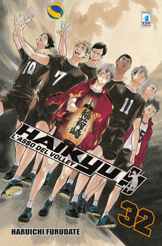 Copertina del manga Haikyu!! Vol. 32 edito da Star Comics. La squadra del Liceo Inarizaki marcia compatta verso l'osservatore guidata da Shinsuke Kita, che tiene in mano una lanterna tradizionale giapponese con il nome della scuola. Accanto a lui si vedono i gemelli Miya, Suna e gli altri titolari in divisa nera. In basso a destra risalta il numero 32 in arancione.