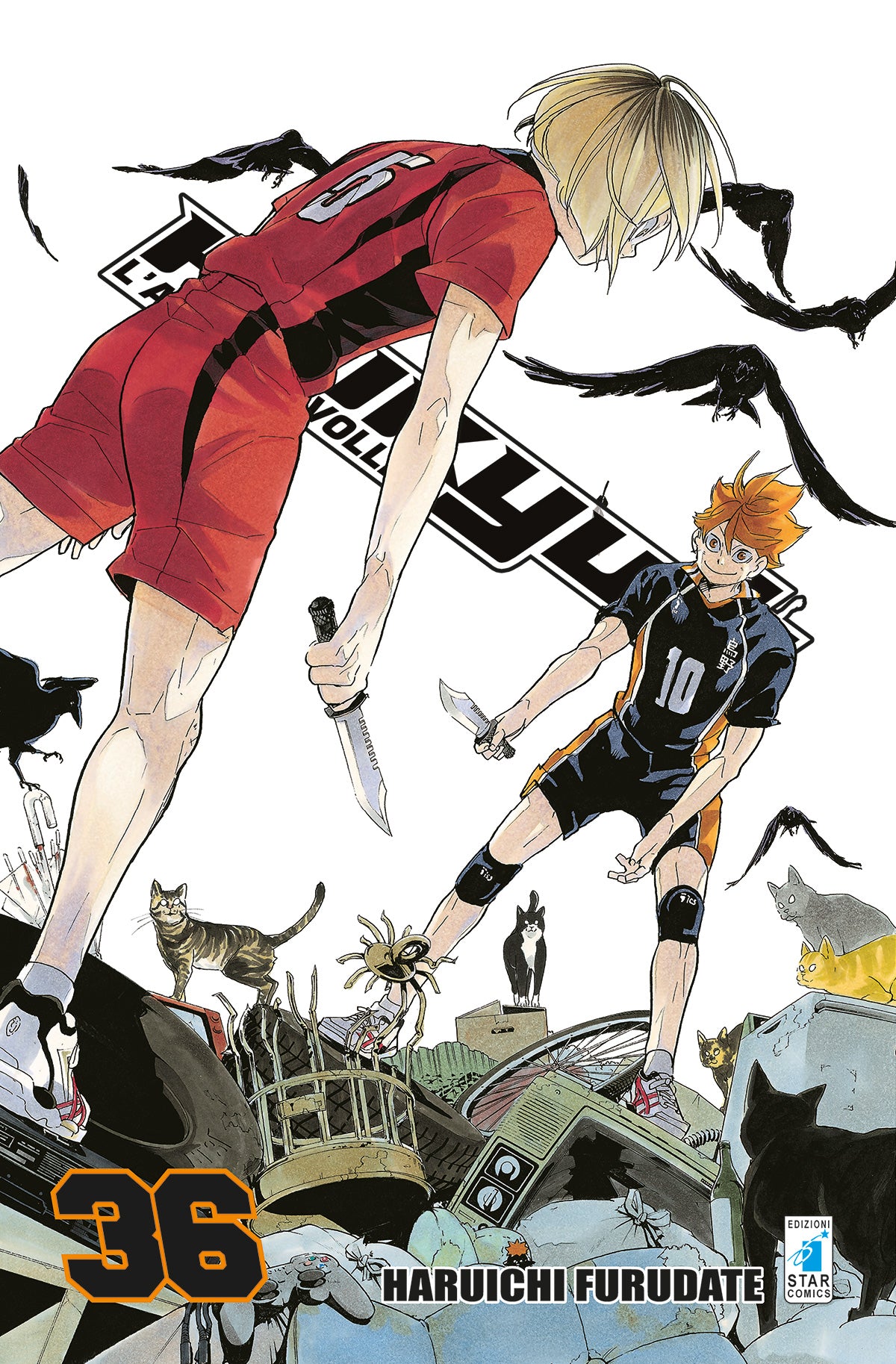 Copertina del manga Haikyu!! Vol. 36 edito da Star Comics. La scena è ambientata in una discarica stilizzata piena di rifiuti tecnologici, gatti e corvi. In primo piano, Kenma Kozume (Nekoma) e Shoyo Hinata (Karasuno) si fronteggiano impugnando dei coltelli, metafora dell'affilata sfida tattica in corso. Kenma è di spalle, mentre Hinata sorride con determinazione. In basso a sinistra spicca il numero 36.