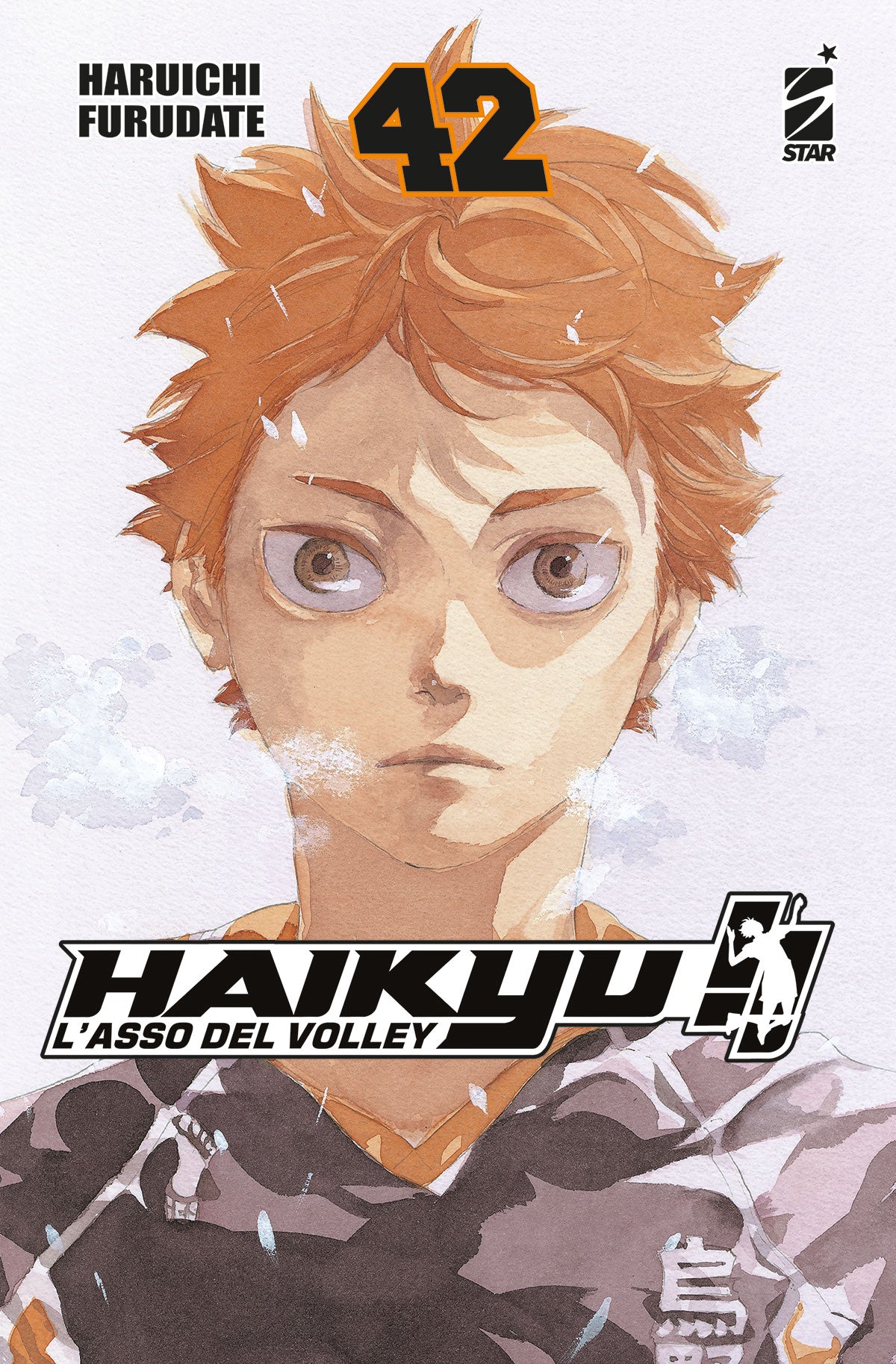 Copertina del manga Haikyu!! Vol. 42 edito da Star Comics. In primissimo piano spicca il volto di Shoyo Hinata con i suoi capelli arancioni spettinati. Lo sguardo è serio e profondo, rivolto direttamente all'osservatore. Sullo sfondo bianco si notano leggere pennellate di colore e piccoli fiocchi di neve o frammenti che cadono intorno al protagonista. In alto al centro risalta il numero 42 in arancione e nero.
