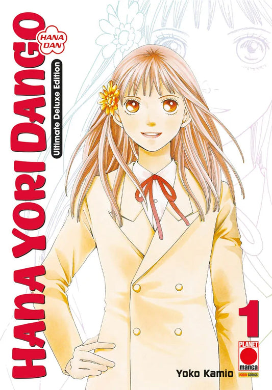 Copertina del manga Hana Yori Dango Ultimate Deluxe Edition volume 1. Illustrazione luminosa della protagonista Tsukushi Makino con un fiore giallo tra i capelli, mentre indossa l'uniforme scolastica chiara su uno sfondo bianco.