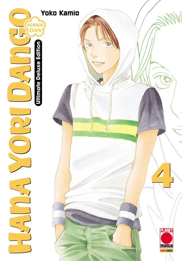 Copertina del quarto volume dell'edizione Ultimate Deluxe in italiano del manga shojo 'Hana Yori Dango' di Yoko Kamio, edito da Panini Planet Manga. L'illustrazione mostra in primo piano Akira Mimasaka sorridente mentre indossa un top bianco a maniche corte con cappuccio, striscia verde sul petto e pantaloni verdi.