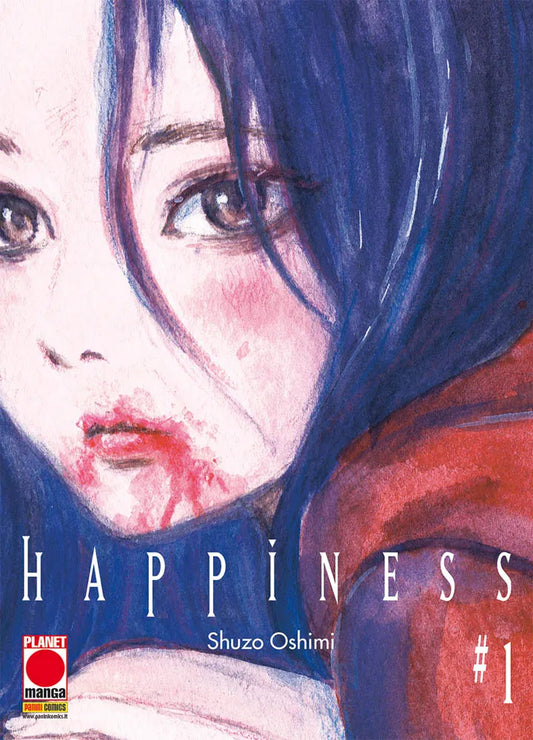 Copertina del primo volume in italiano del manga 'Happiness' di Shuzo Oshimi, edito da Panini Planet Manga. L'illustrazione artistica in stile acquerello mostra un intenso primo piano del volto di una giovane ragazza con lunghi capelli scuri, la pelle pallida e le labbra macchiate di sangue rosso visibile sul mento, dallo sguardo triste e penetrante.