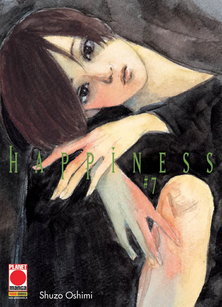 Copertina del settimo volume del manga 'Happiness' di Shuzo Oshimi, edito da Panini Planet Manga. L'illustrazione pittorica in stile acquerello ritrae la giovane Gosho sdraiata con uno sguardo malinconico e profondo, abbigliata con abiti scuri, affiancata dal titolo verde 'HAPPINESS #7' e dal logo Planet Manga in basso a sinistra.