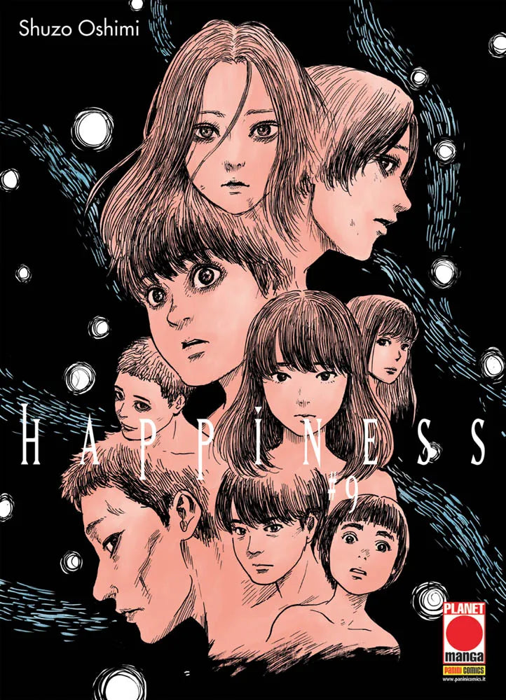 Copertina del nono volume del manga 'Happiness' di Shuzo Oshimi, edito da Panini Planet Manga. L'illustrazione drammatica su sfondo nero con vortici e punti di luce bianchi ritrae in sfumature rosa i volti sovrapposti e intrecciati dei vari personaggi e vampiri della serie, sovrastati dalla scritta 'HAPPINESS #9' e dal logo Planet Manga in basso a destra.