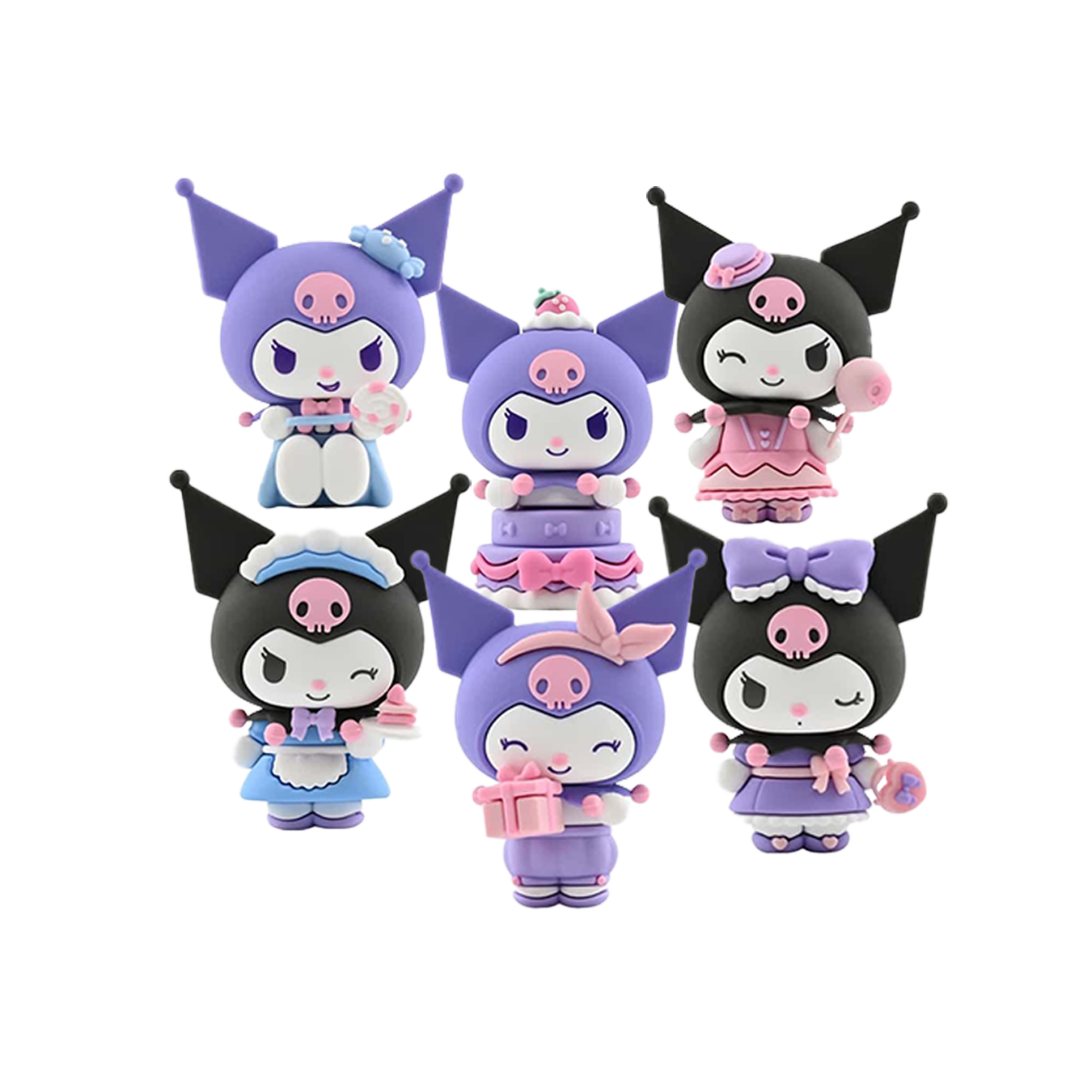 Sei varianti di mini-doll Kuromi con abiti da festa, torte, lecca-lecca e regali su sfondo nero.