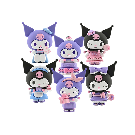 Sei varianti di mini-doll Kuromi con abiti da festa, torte, lecca-lecca e regali su sfondo nero.