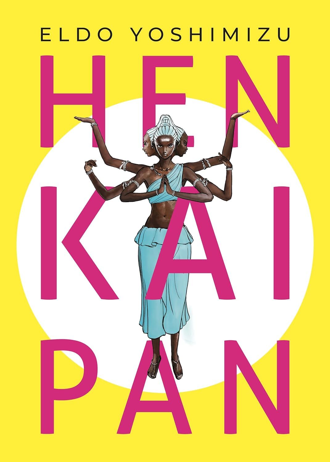 Copertina del manga Hen Kai Pan. Su uno sfondo interamente giallo acceso con un grande cerchio bianco al centro, spicca il titolo in grandi lettere fucsia disposte su tre righe. Al centro della scena compare l'illustrazione dettagliata di una divinità con tre volti e sei braccia vestita con una tunica azzurra.