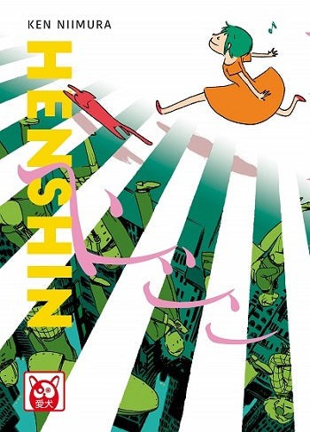 Copertina del manga Henshin di Ken Niimura. Su uno sfondo a strisce diagonali bianche e verde scuro che rivelano una veduta urbana dall'alto della città di Tokyo, spicca nella parte superiore una ragazza sorridente con i capelli verdi e un vestito arancione colta nell'atto di compiere un grande salto nel vuoto. Sulla sinistra compare il titolo Henshin in grandi lettere gialle disposte verticalmente.